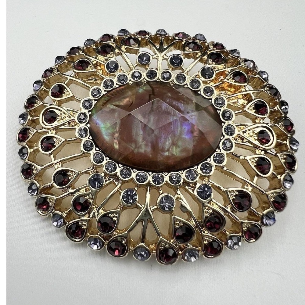 Napier Vintage Gold Tone Abalone Rhinestone Oval Brooch 2" Regencycore 90s